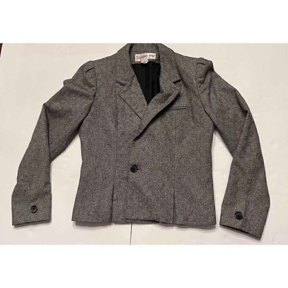 PEABODY HOUSE Blazer Jacket Womens Jrs Sz 7/8 Herringbone Tweed Black Gray Vtg